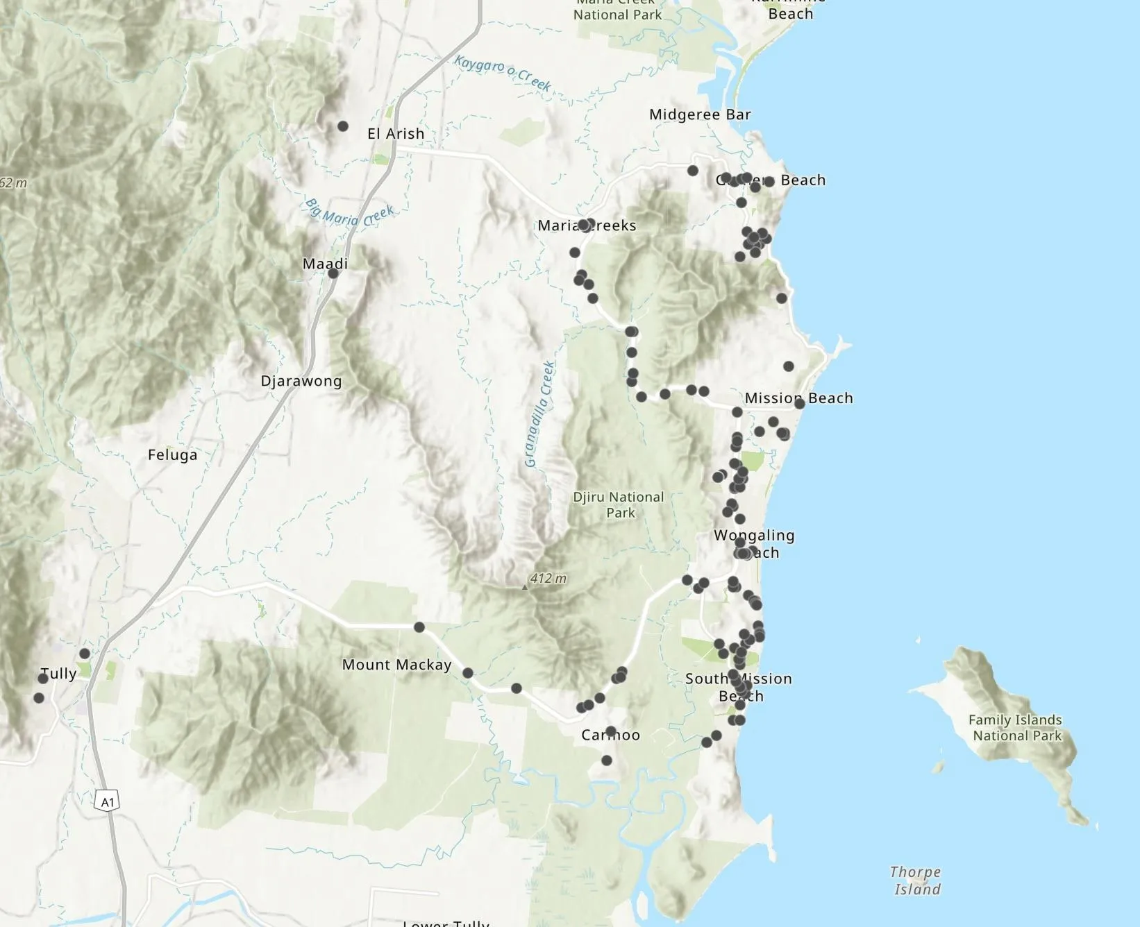 ArcGIS map interface showing cassowary sightings