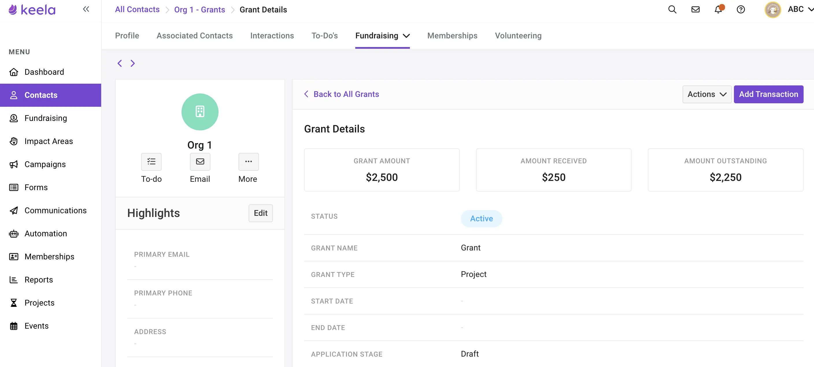 Keela interface screenshot 1