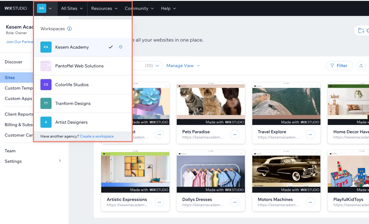 Wix interface screenshot 2